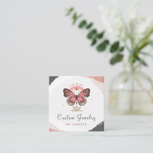 ボホピンクバタフライミスティックムーンハンドメイドジュエリー スクエア名刺 (スタンド正面)