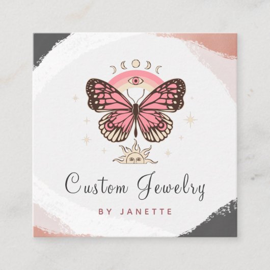 ボホピンクバタフライミスティックムーンハンドメイドジュエリー スクエア名刺 (正面)