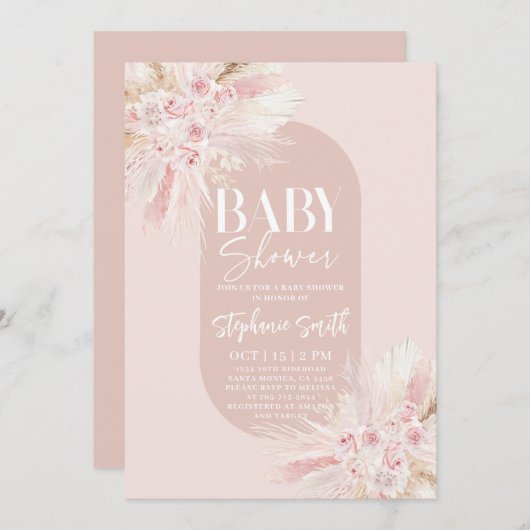 ボホピンクパンパスベビーシャワーガール招待状 招待状 (正面/裏面)