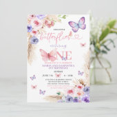 ボホピンクパープルバタフライ1st誕生日フローラ 招待状 (スタンド正面)
