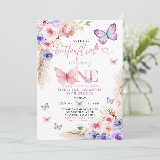 ボホピンクパープルバタフライ1st誕生日フローラ 招待状 (スタンド正面)