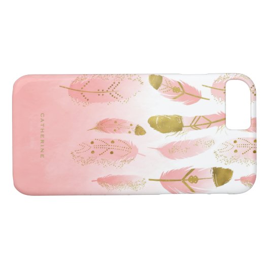 ボホピンクフェザーフェイクゴールドフォイルパーソナライズされた Case-Mate iPhoneケース (裏面(横))