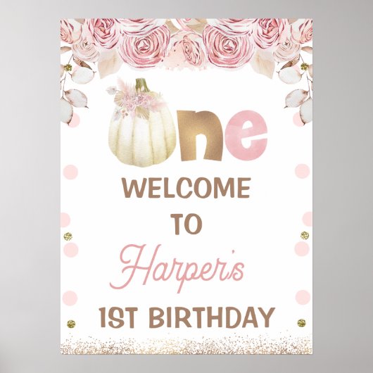 ボホピンクフローラカボチャ1stバースデーウェルカムサイン ポスター (正面)