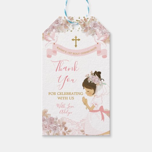 ボホピンクフローラガールファースト聖体十字架 ギフトタグ (正面)