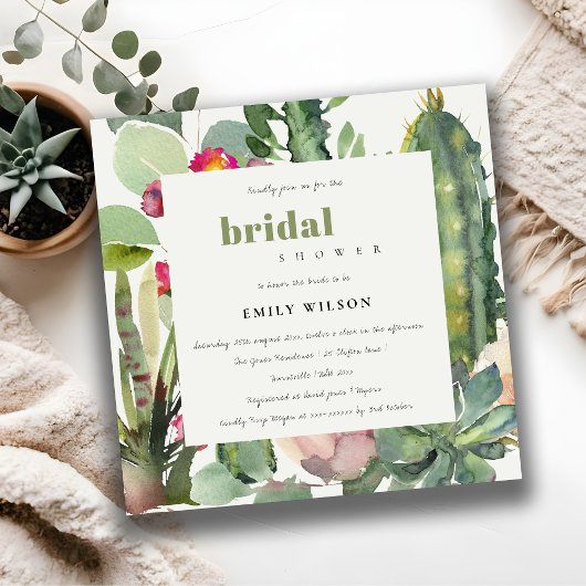 ボホピンクフローラサボテン葉ブライダルシャワー 招待状