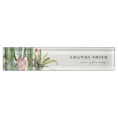 ボホピンクフローラサボテン葉水彩 デスクネームプレート (正面)