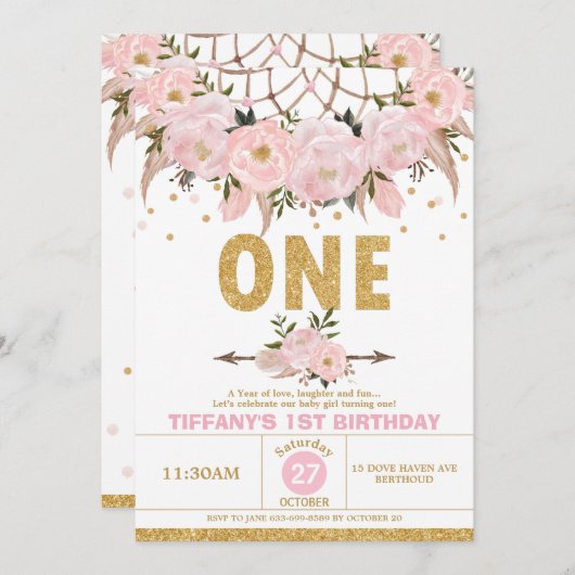 ボホピンクフローラドリームキャッチャー1stバースデーガール 招待状 (正面/裏面)