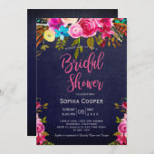 ボホピンクフローラネイビーシャルボードブライダルシャワー 招待状 (正面/裏面)