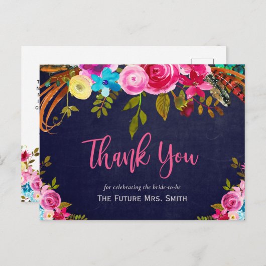 ボホピンクフローラネイビーブライダルシャワーありがとう ポストカード (正面/裏面)