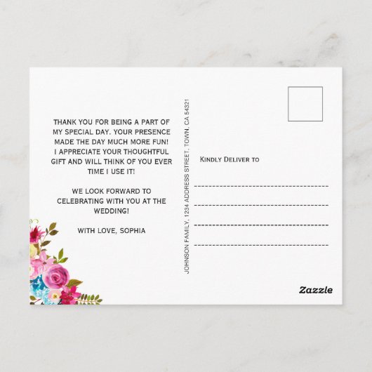 ボホピンクフローラネイビーブライダルシャワーありがとう ポストカード (裏面)