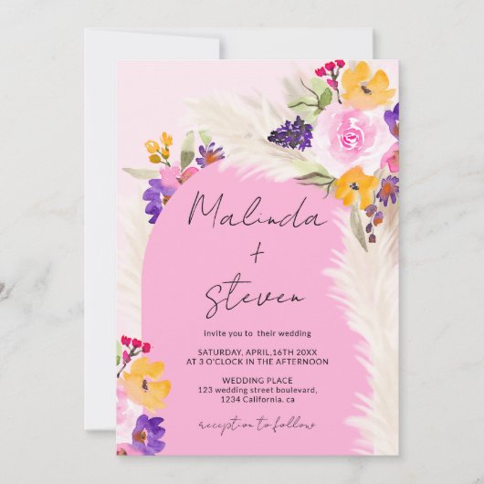 ボホピンクフローラパンパス砂漠結婚アーチズ 招待状 (正面)