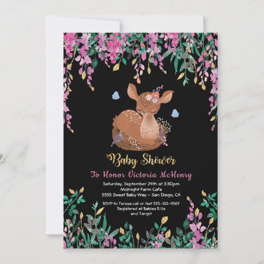 ボホピンクフローラベビーディアシャワー招待状 招待状 (正面)