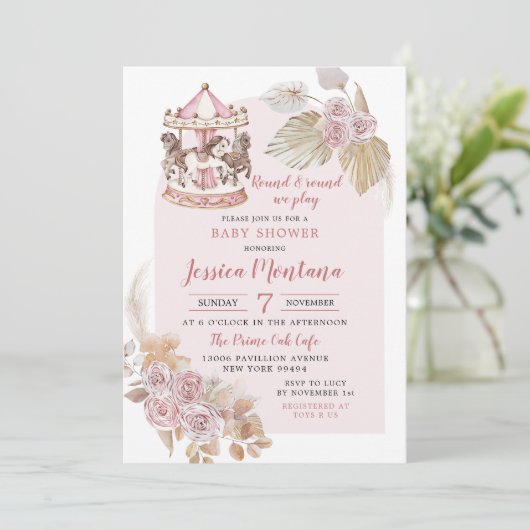 ボホピンクフローラ回転木馬ベビーシャワー 招待状 (スタンド正面)