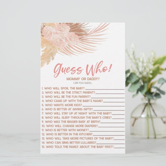 ボホピンクフローラ誰を当てろ！赤ちゃんシャワーゲーム 便箋 (スタンド正面)