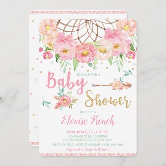 ボホピンクフローラ赤ちゃんシャワードリーム捕手ガール 招待状 (正面/裏面)