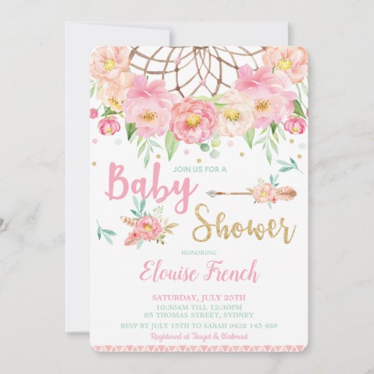 ボホピンクフローラ赤ちゃんシャワードリーム捕手ガール 招待状 (正面)