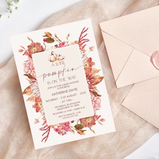 ボホピンクブラウン秋リトルカボキンベビーシャワー 招待状
