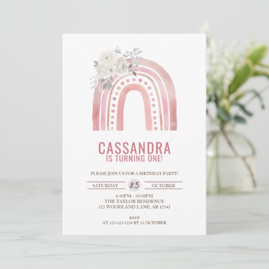 ボホピンクレインボー誕生日、バラ1st誕生日 招待状 (スタンド正面)