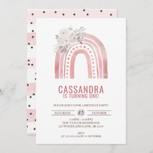 ボホピンクレインボー誕生日、バラ1st誕生日 招待状 (正面/裏面)