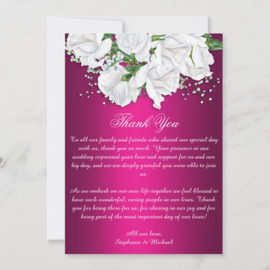 ボホピンク明るい赤紫色&ホワイトローズ結婚ズ サンキューカード (正面)