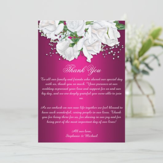 ボホピンク明るい赤紫色&ホワイトローズ結婚ズ サンキューカード (スタンド正面)