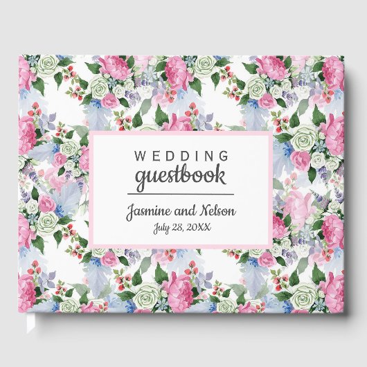 ボホピンク白結婚青のパーソナライズされた花 ゲストブック (正面)