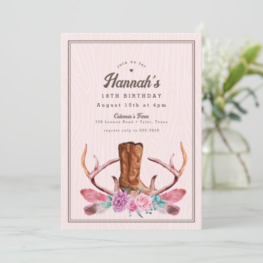 ボホピンク素朴女性のカーボーイブート誕生日 招待状 (スタンド正面)