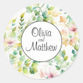 ボホピンク緑の植物水彩野花 ラウンドシール (正面)