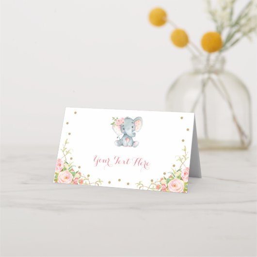 ボホピンク金ゴールドフローラゾウ赤ちゃんシャワーデコール プレイスカード (正面)