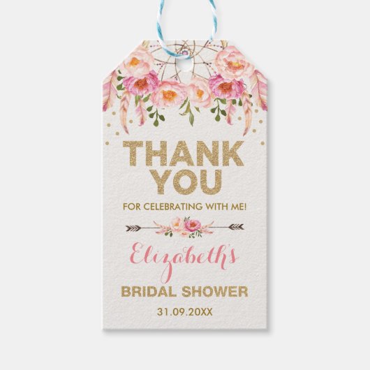 ボホピンク金ゴールド花ブライダルシャワーの好意 ギフトタグ (正面)