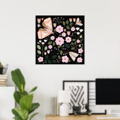 ボホピンク黒フローラガーリーバタフライアート ポスター (ホームオフィス)