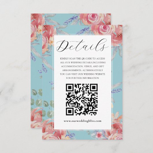 ボホピンク&ブルーフローラ水彩色結婚詳細 エンクロージャーカード (正面/裏面)