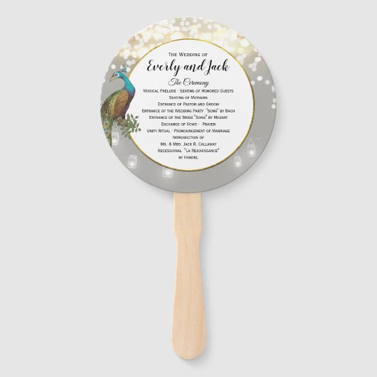 ボホピーコックグレーティール(緑がかった色)金ゴールド結婚式 プログラム ハンドファン (正面)