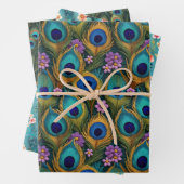 ボホピーコックスと鮮やか孔雀の羽根花模様 ラッピングペーパーシート (インサイチュ)