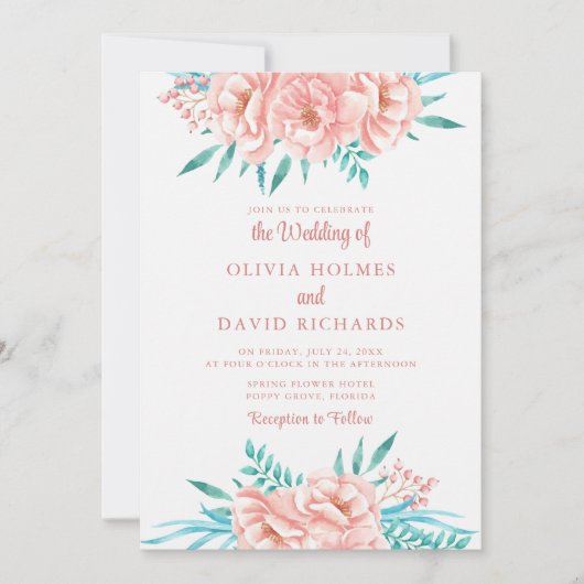 ボホピーチアンドピンクフローラ結婚式招待状 招待状 (正面)