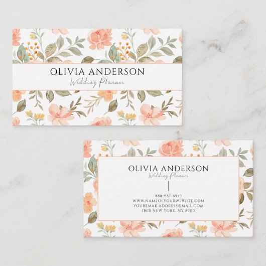 ボホピーチエレガントグリーンフローラウォーターカラートレンディー 名刺 (正面/裏面)