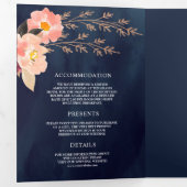 ボホピーチフローラオールインワンネイビーブルー結婚ズ 三つ折り招待状 (内部最初)