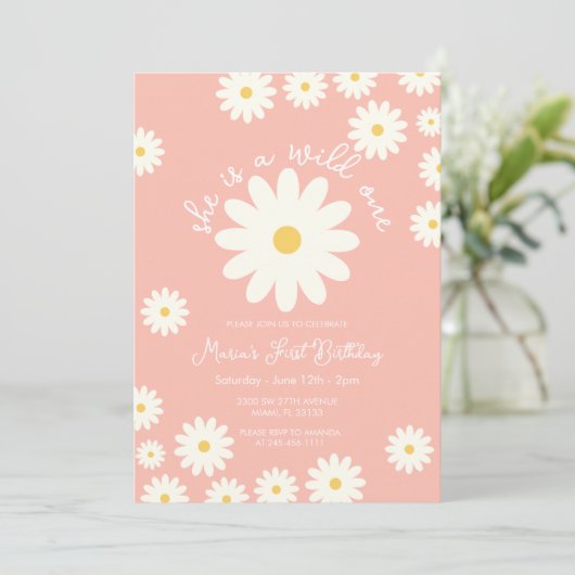 ボホピーチホワイトデイジー彼女はワイルドワン誕生日 招待状 (スタンド正面)