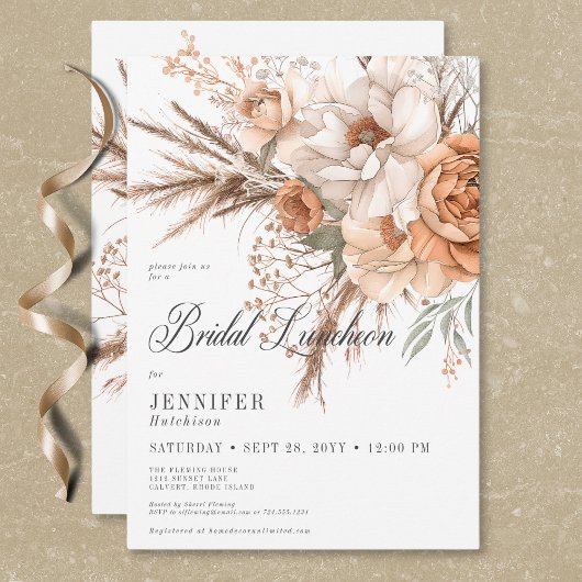 ボホピーチ&クリームフローラホワイトブライダルルンチョン 招待状