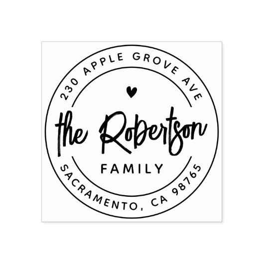ボホファミリーモダンネームハート差出人住所ラウンド ラバースタンプ (インプリント)