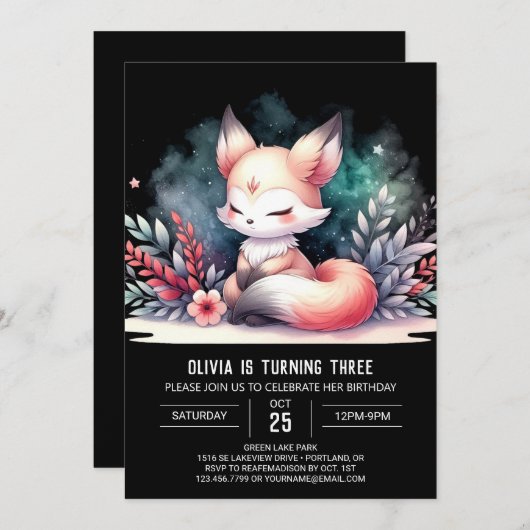 ボホファンタジーキツネ誕生日デジタル 招待状 (正面/裏面)