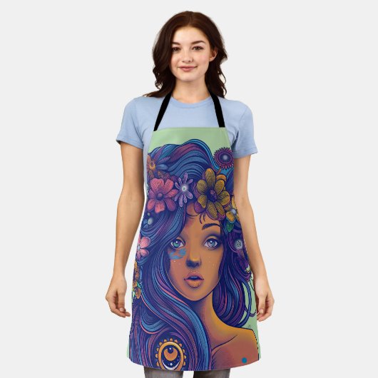 ボホファンタジーフローラ髪の女性 エプロン (着用した状態)