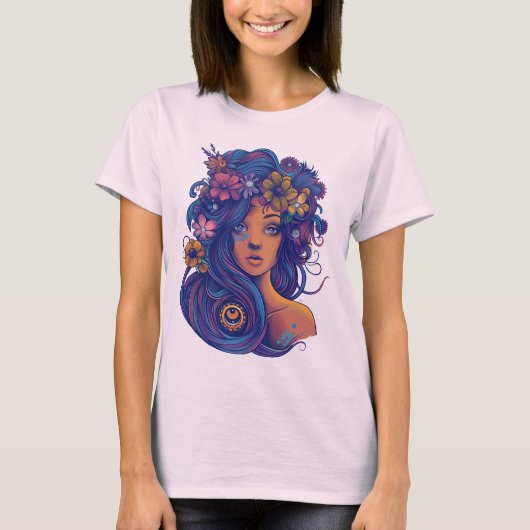 ボホファンタジーフローラ髪の女性 Tシャツ (正面)