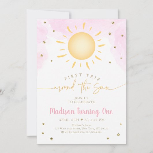 ボホファーストトリップのまわりにザサンピンク金ゴールド誕生日 招待状 (正面)