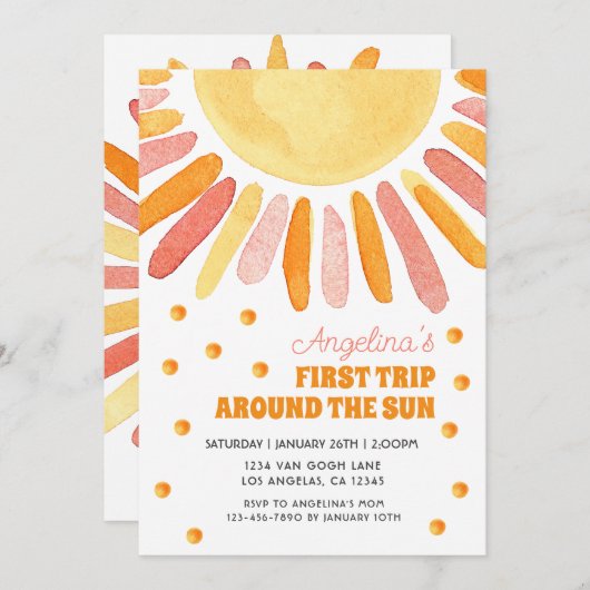 ボホファーストトリップザのまわりにサン誕生日セピア 招待状 (正面/裏面)