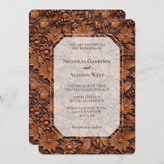 ボホフェイクブラウンレザーフローラ結婚ズ 招待状 (正面/裏面)