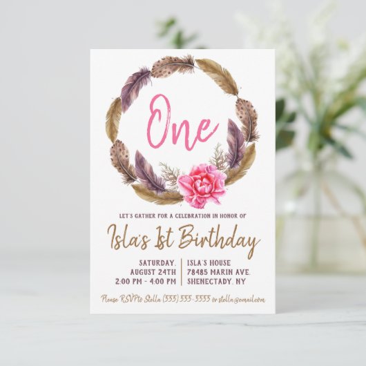 ボホフェザーとフローラリース誕生日招待状 招待状 (スタンド正面)