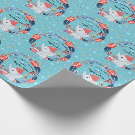 ボホフェザーと象のベビーの第1クリスマス ラッピングペーパー (角)