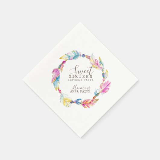 ボホフェザーカラフルアート16誕生日ナプキン スタンダードカクテルナプキン (角)