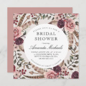 ボホフェザーズブルガンディベージュフローラブライダルシャワー 招待状 (正面/裏面)